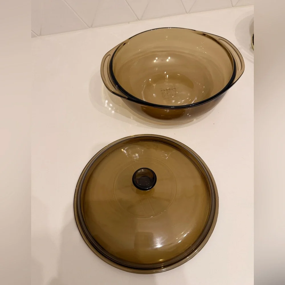 Vintage Pyrex Amber Brown Casserole Dish w‎ Lid + Metal Serving Ring 1960s USA
